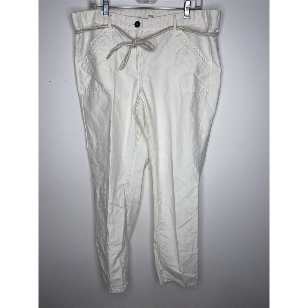 Ann Taylor Loft Womens Linen Pants L Draw String Waist pockets Lagen Look White
